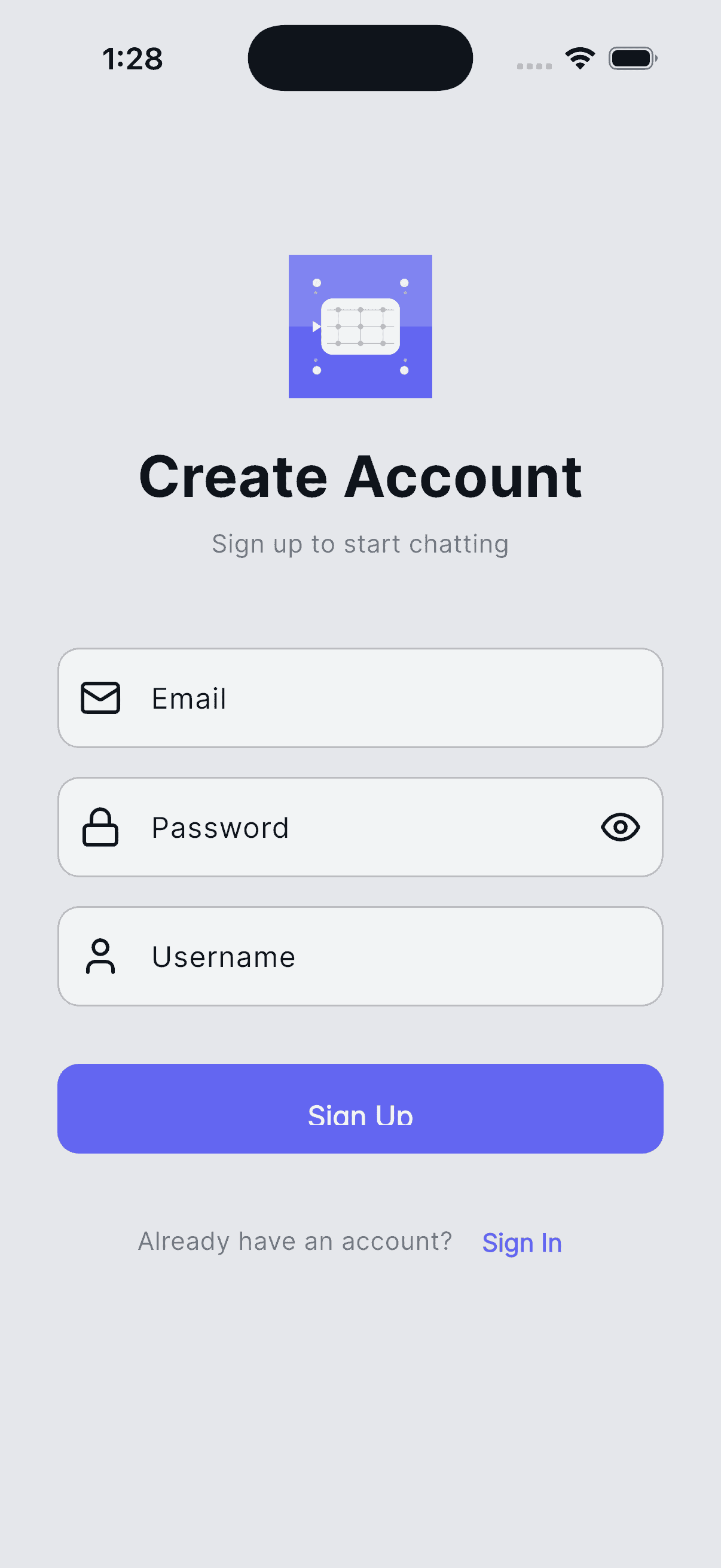 User Registration - Sign up screen showing email, password, and username input fields