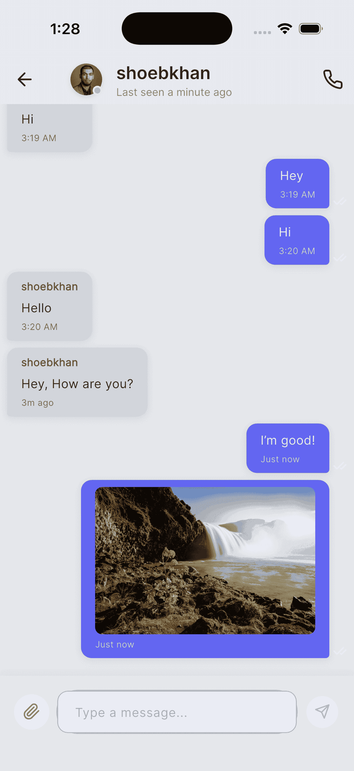 Image Sharing - Chat screen displaying an image message in a message bubble