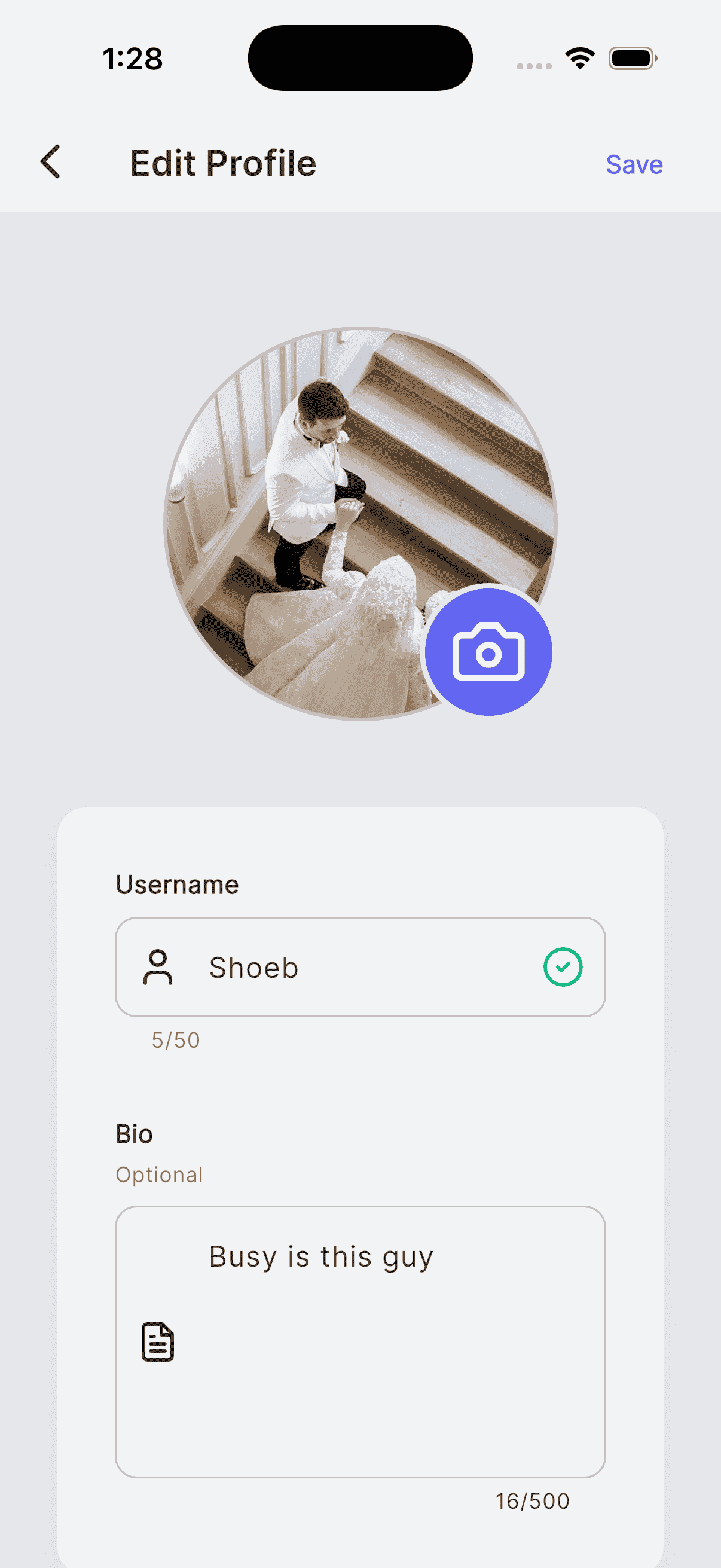Profile Customization - Profile editing screen with fields for username, bio, and profile picture
