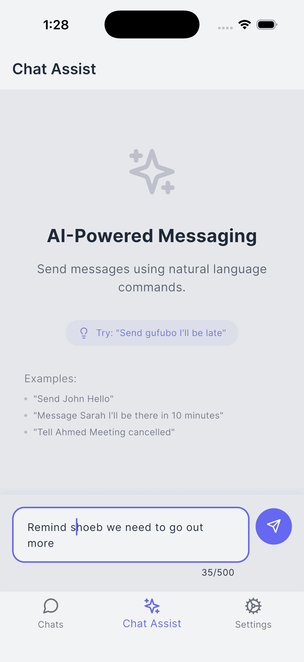 Natural Language Input - Chat Assist screen showing a typed natural language command