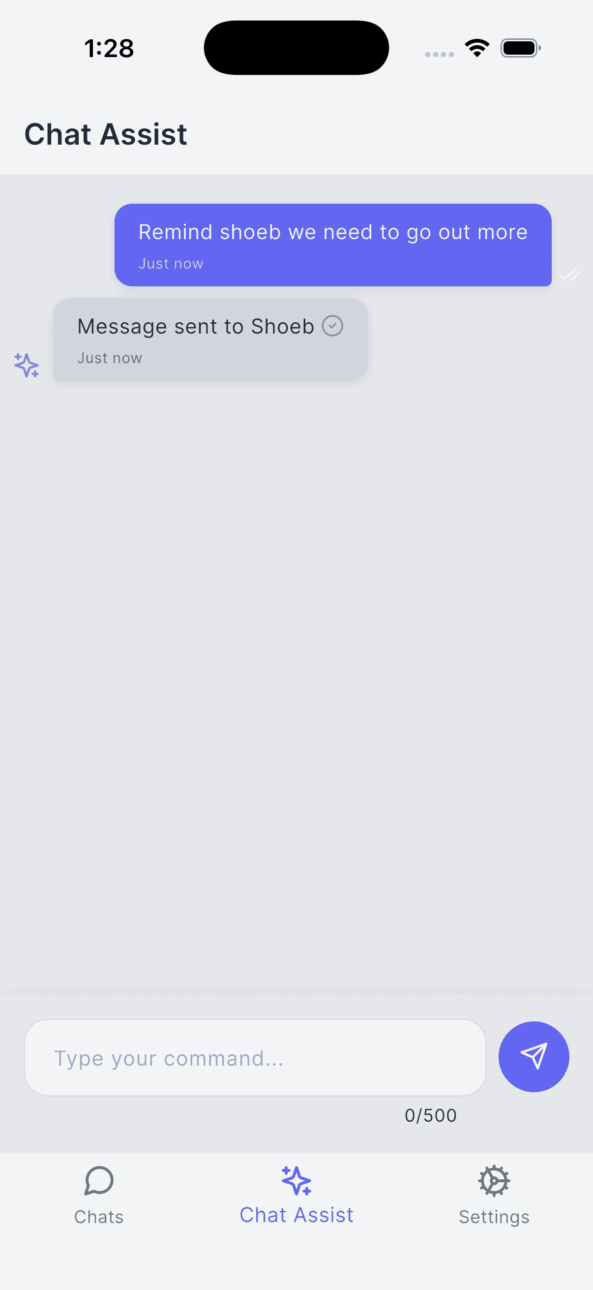 AI Message Success - Chat Assist screen showing success message confirming message was sent
